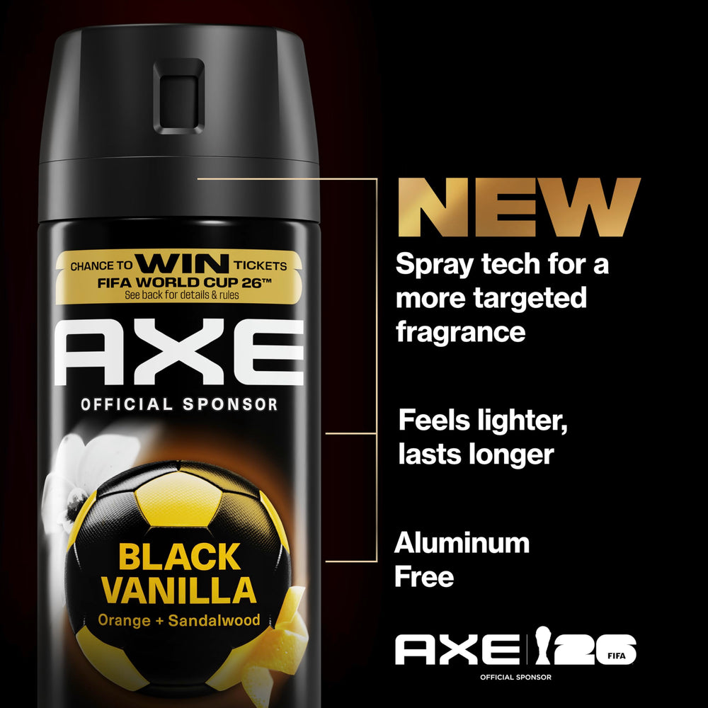 AXE Black Vanilla nozzle-dispense demonstrates targeted spray for steady scent delivery.