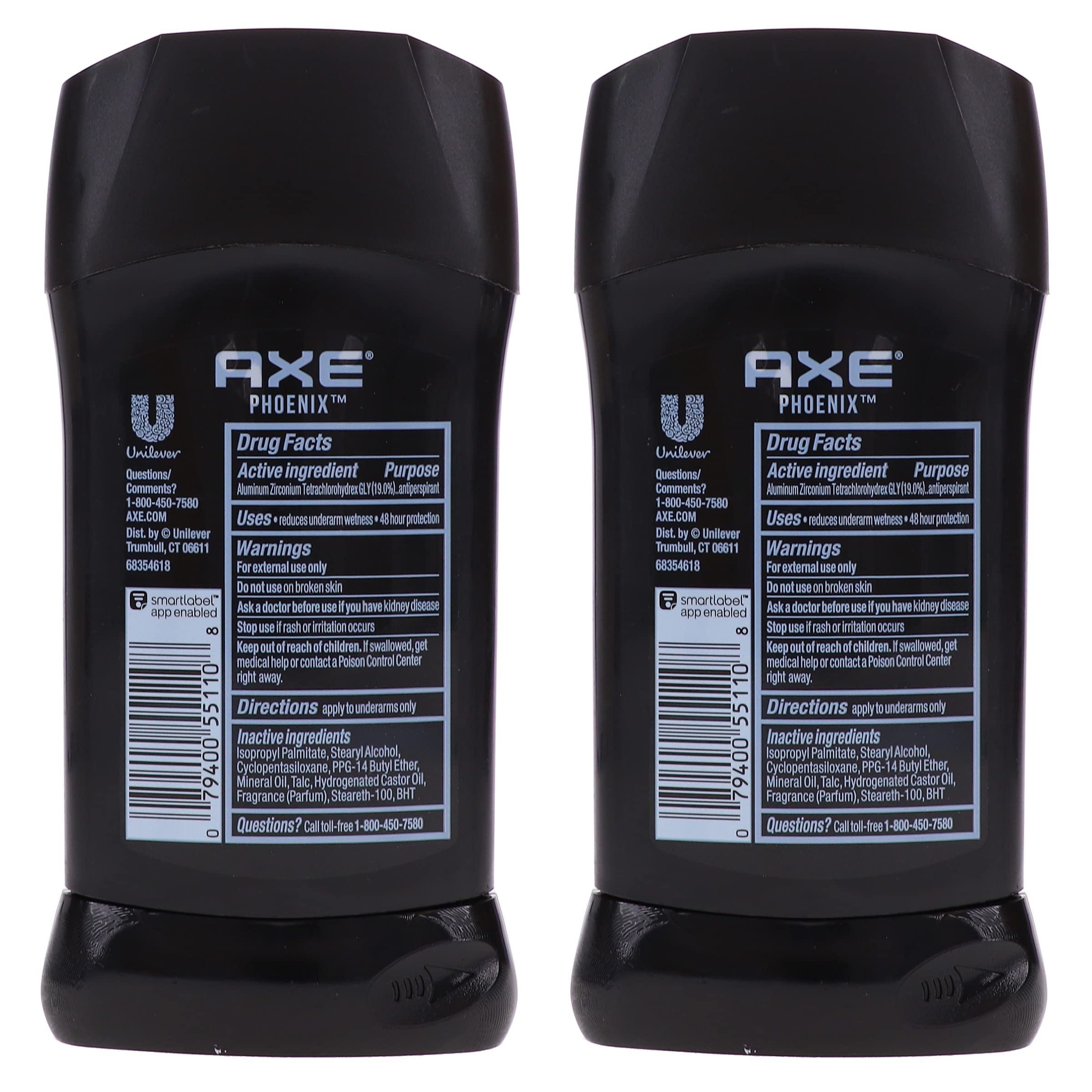 Closeup of AXE label on Phoenix antiperspirant product.