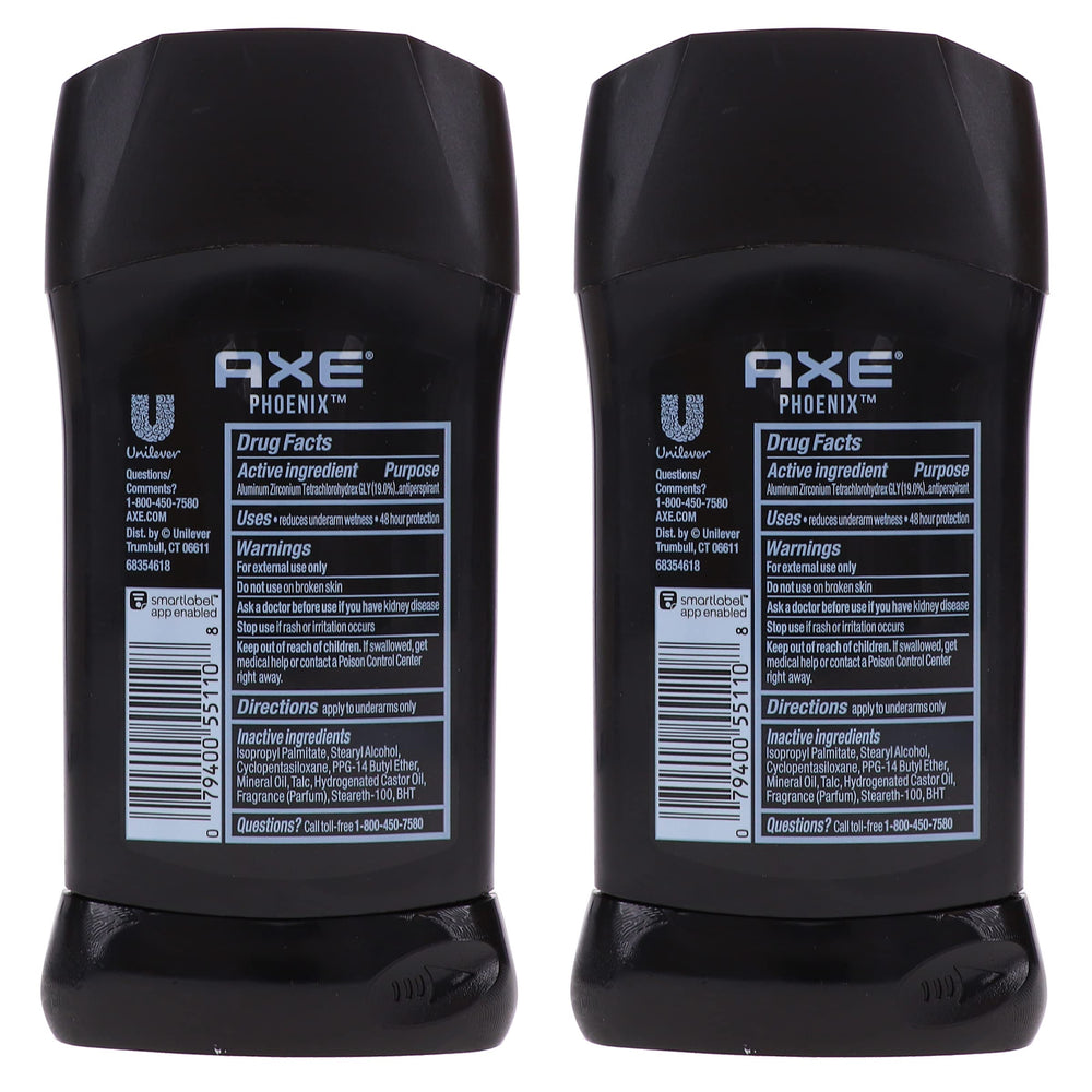 Closeup of AXE label on Phoenix antiperspirant product.