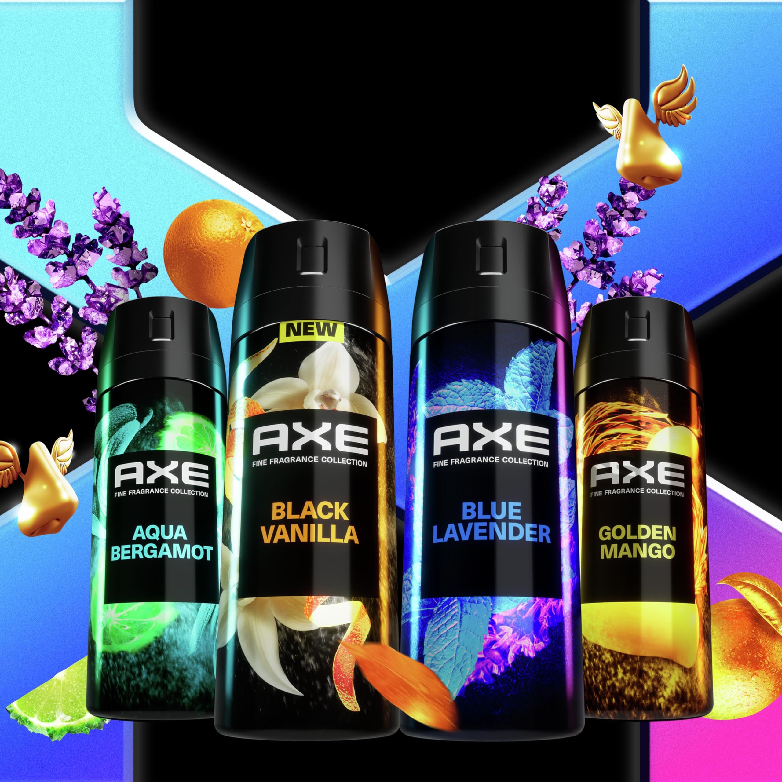 AXE Golden Mango spray featuring tropical mango and mandarin for a bright mood.