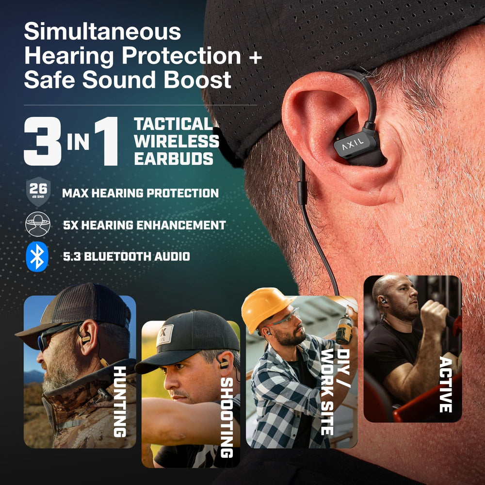 AXIL GS Extreme 3.0 earbuds in use blending hearing protection with Bluetooth streaming.