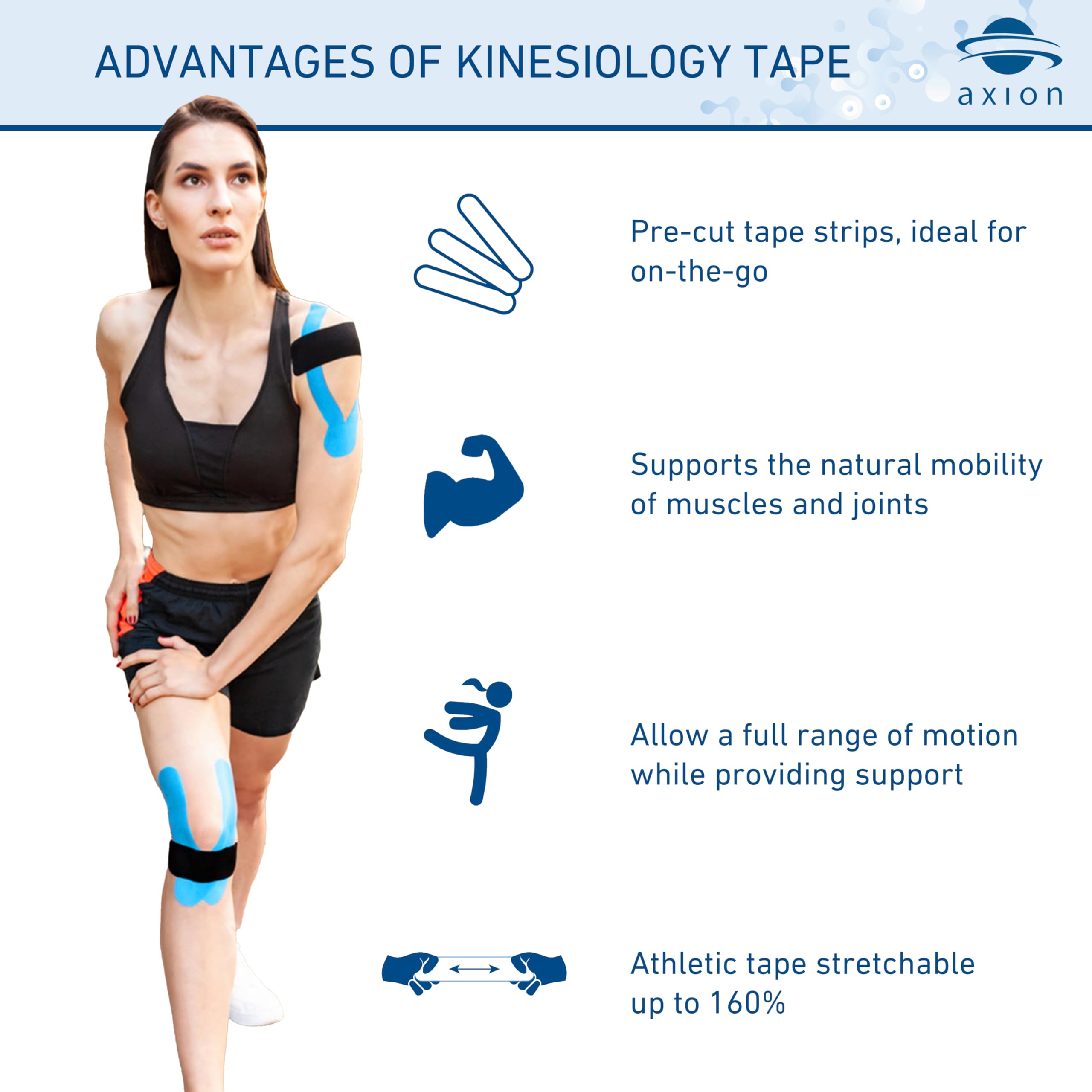Skin-friendly Axion kinesiology tape texture on the arm for comfort