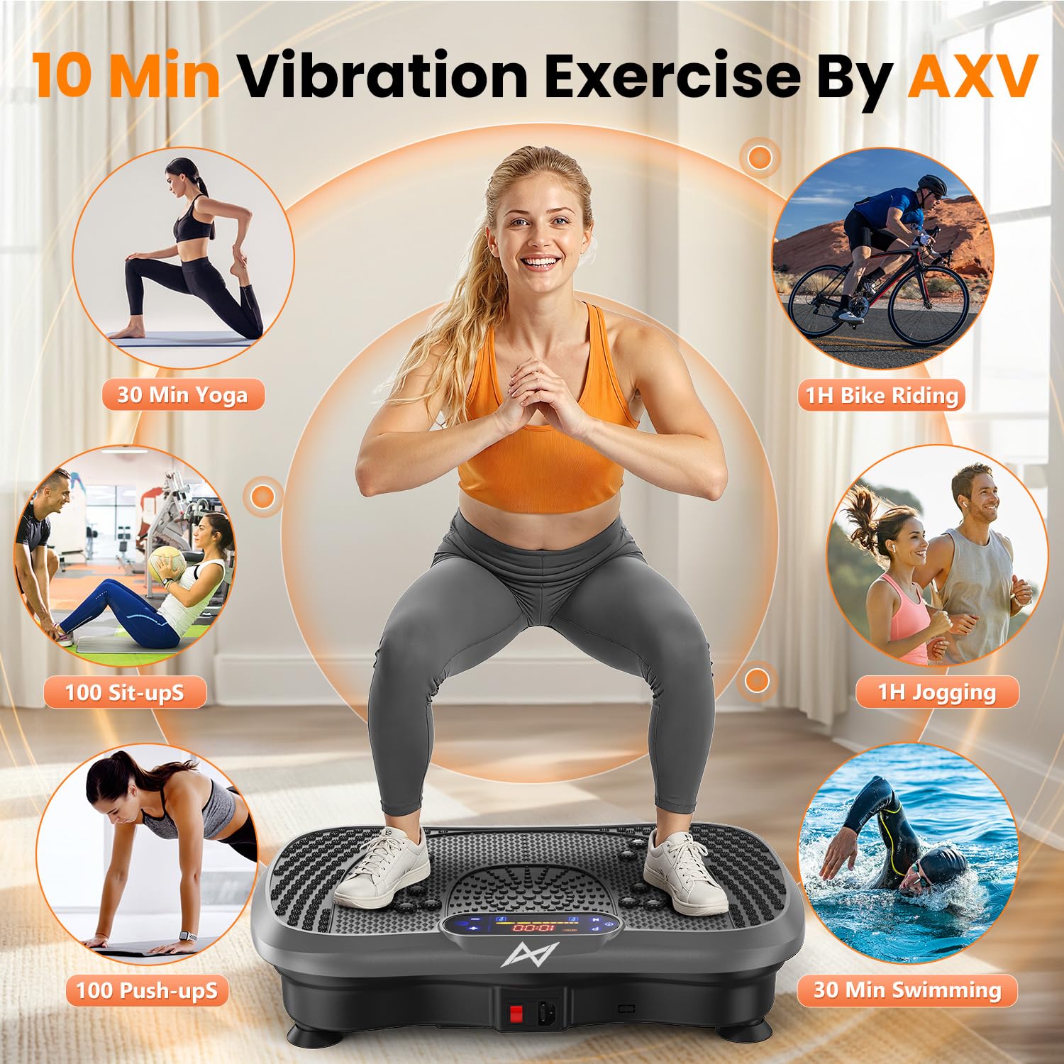 AXV vibration plate with resistance bands for total-body training.