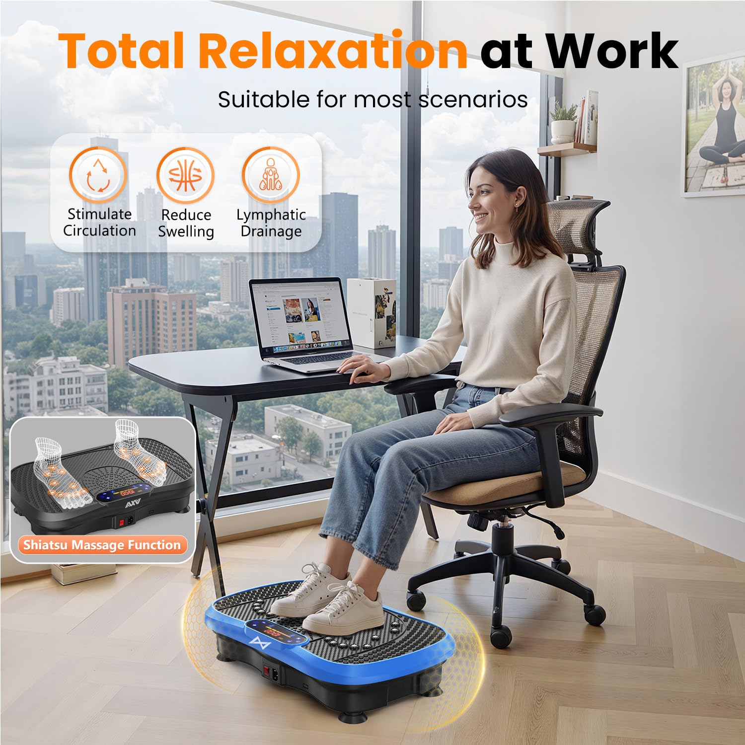 AXV vibration plate connected via Bluetooth to play music during workouts.