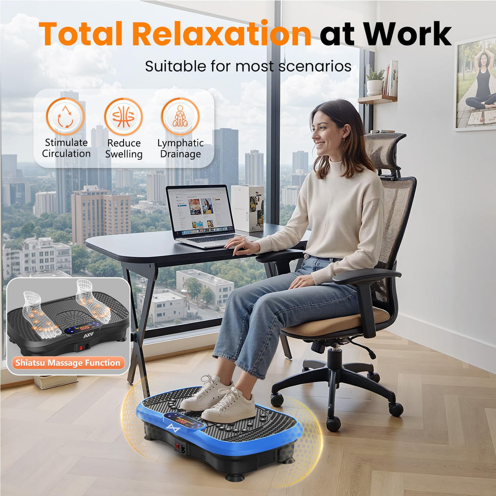 AXV vibration plate connected via Bluetooth to play music during workouts.