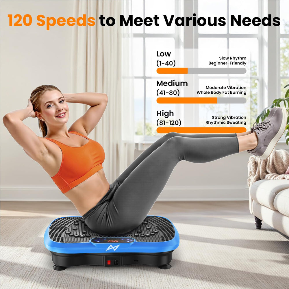 AXV vibration plate LED display showing time and speed for workouts.