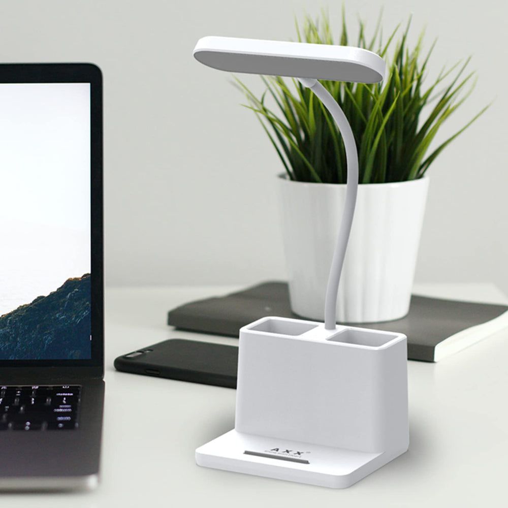 AXX desk lamp with pen holder keeps writing tools within reach during study.