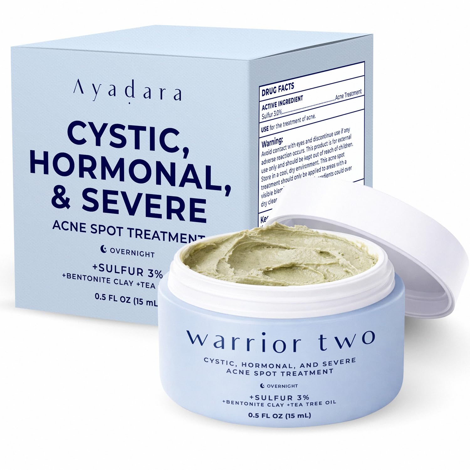 AYADARA cystic acne spot cream bottle close-up for overnight treatment.