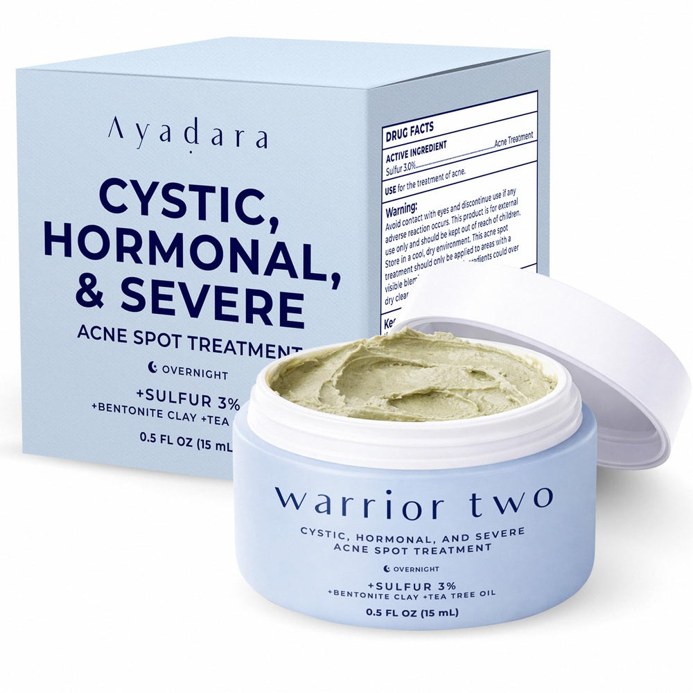 AYADARA cystic acne spot cream bottle close-up for overnight treatment.