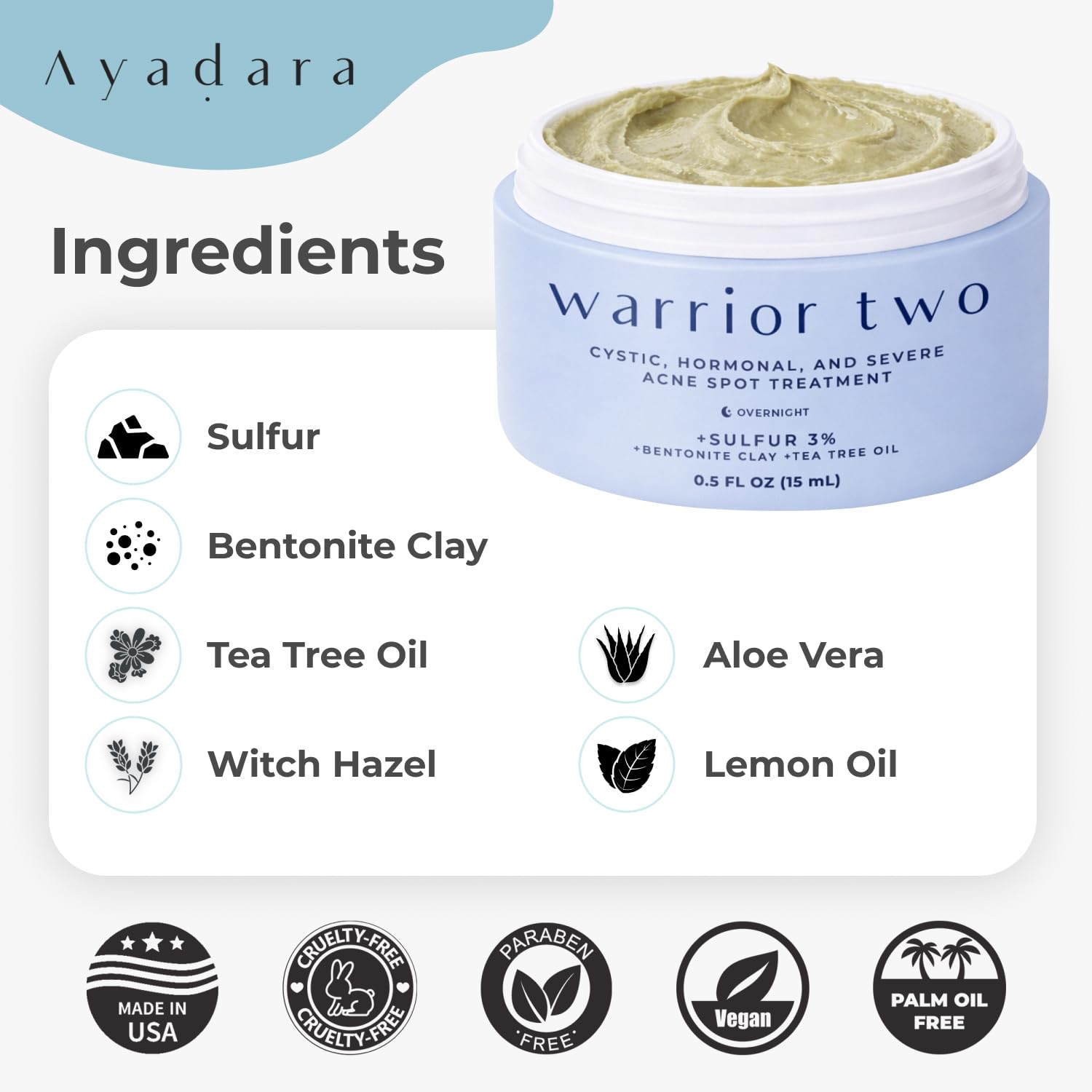 AYADARA cystic acne spot cream vegan and cruelty-free formula badge.