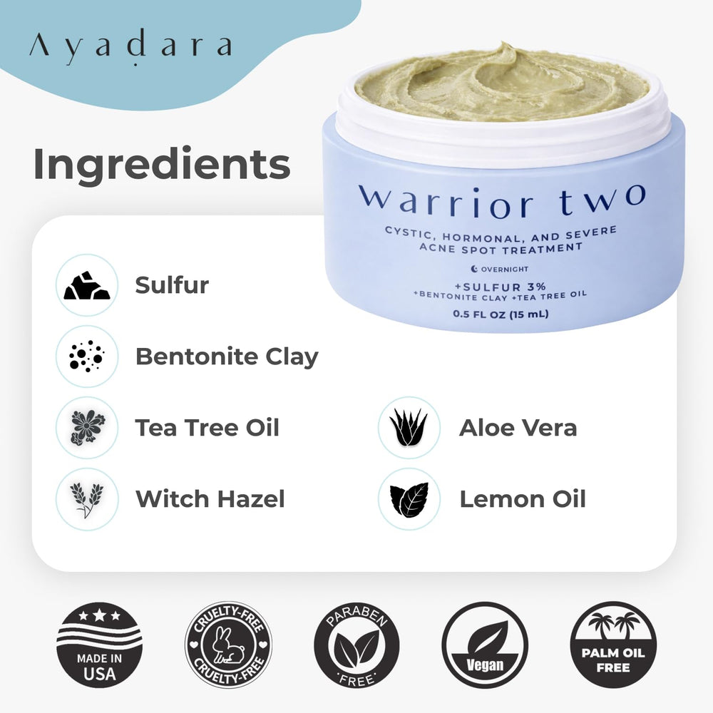 AYADARA cystic acne spot cream vegan and cruelty-free formula badge.