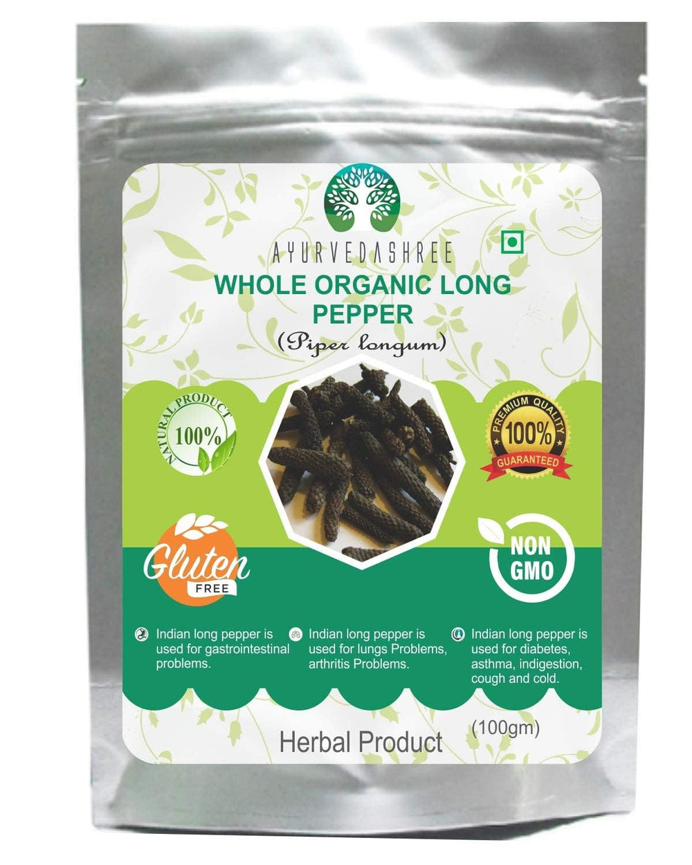 AYURVEDASHREE long pepper 100g pack close-up; rich aroma for curries.