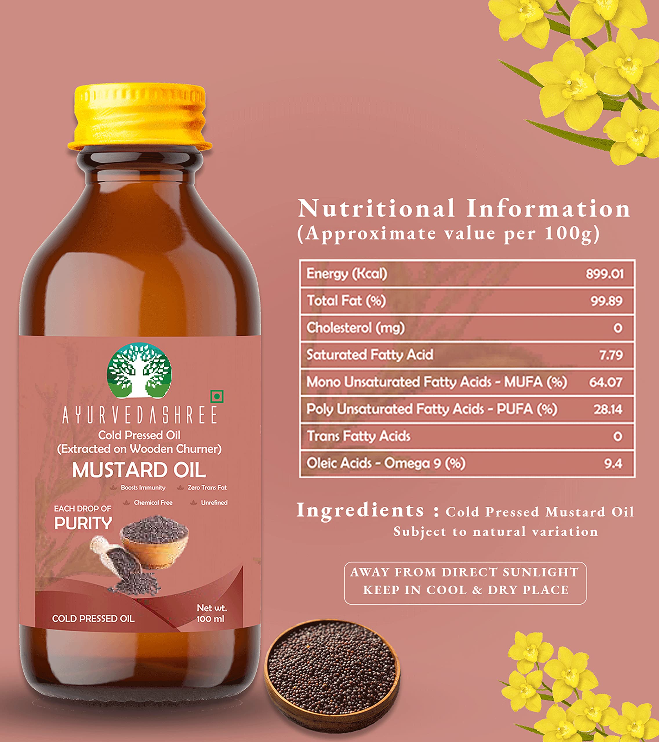 AYURVEDASHREE mustard oil 100ml bottle, pure and unrefined.