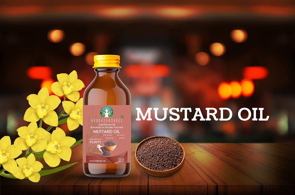 AYURVEDASHREE mustard oil supports skin and hair care with omega 3 and vitamin E.