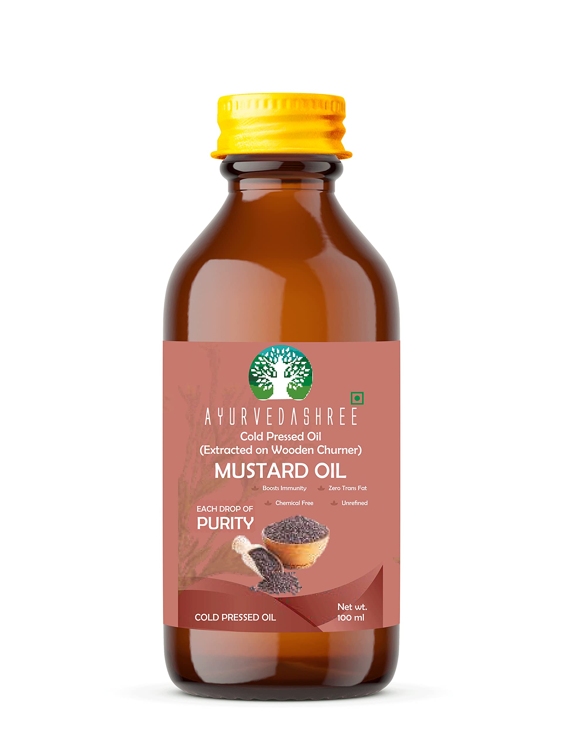 AYURVEDASHREE mustard oil extracted on a wooden churner for rich nutrition.