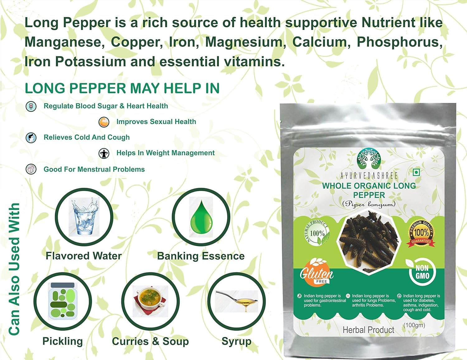 AYURVEDASHREE whole long pepper in bowl; vibrant spice for savory dishes.