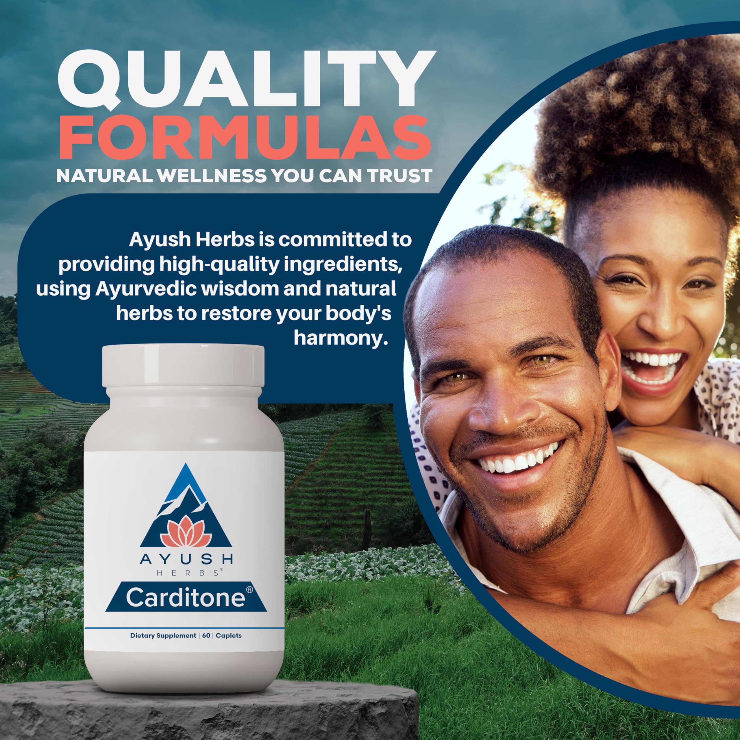 Ayush Herbs Carditone bottle with a daily routine backdrop for vitality.