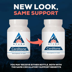 Ayush Herbs Carditone tablet closeup shows vegetarian caplets for daily use.