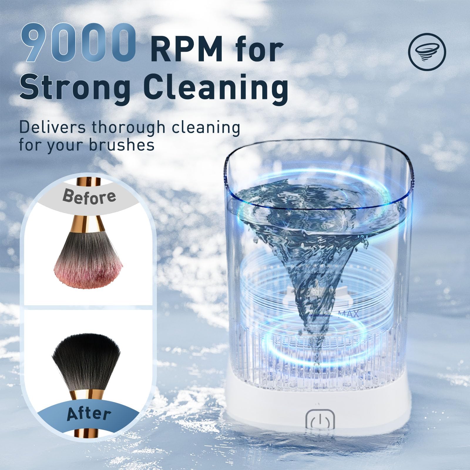 Azang electric makeup brush cleaner top view highlighting compact form factor