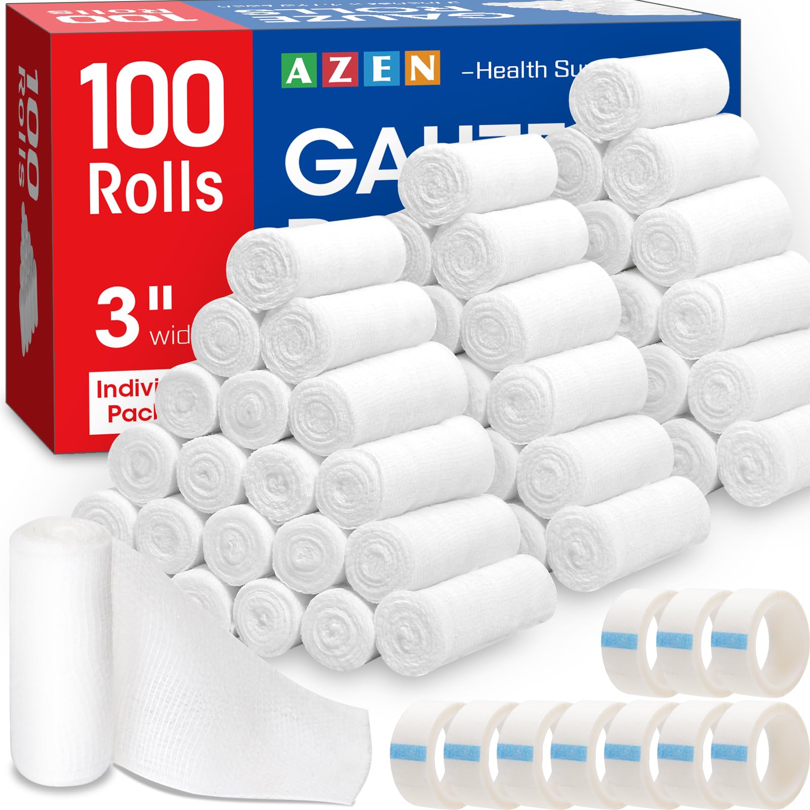 AZEN gauze rolls, 3in x 4.1yds, ideal for clean dressing and wound care tasks