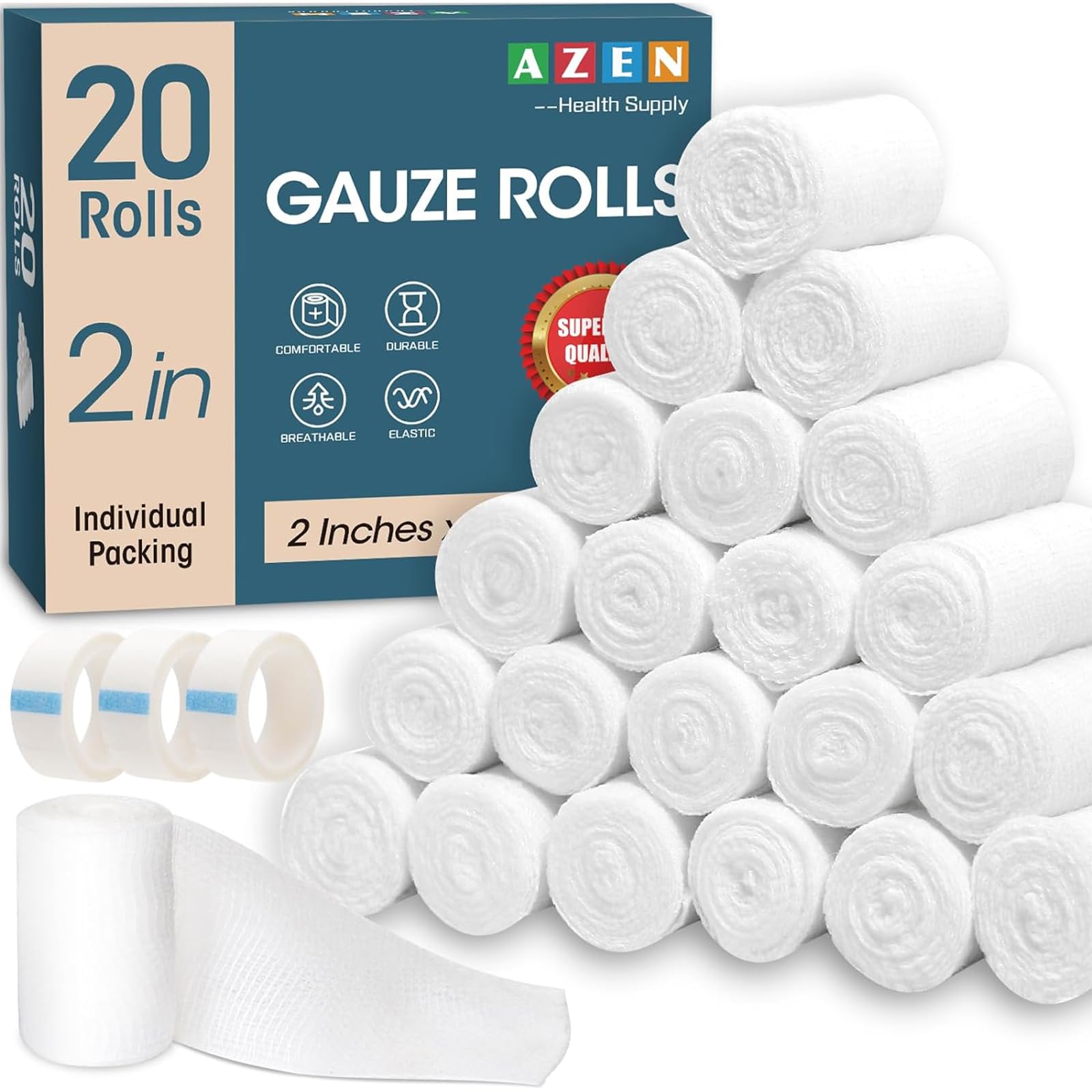 AZEN 20 pack gauze roll bundle for convenient home first aid and dressing prep.