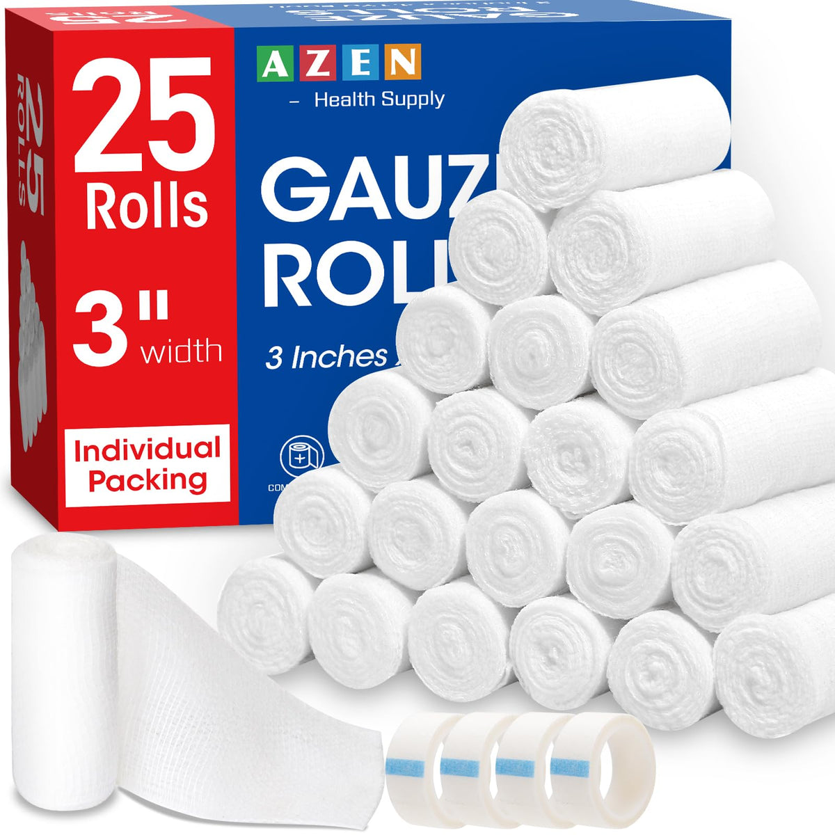 AZEN 25-pack gauze rolls packaging for quick first aid prep