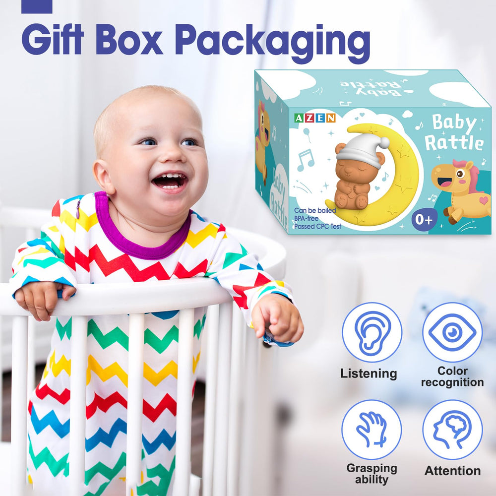 AZEN baby hand reaching for rattle encourages grasping and coordination.