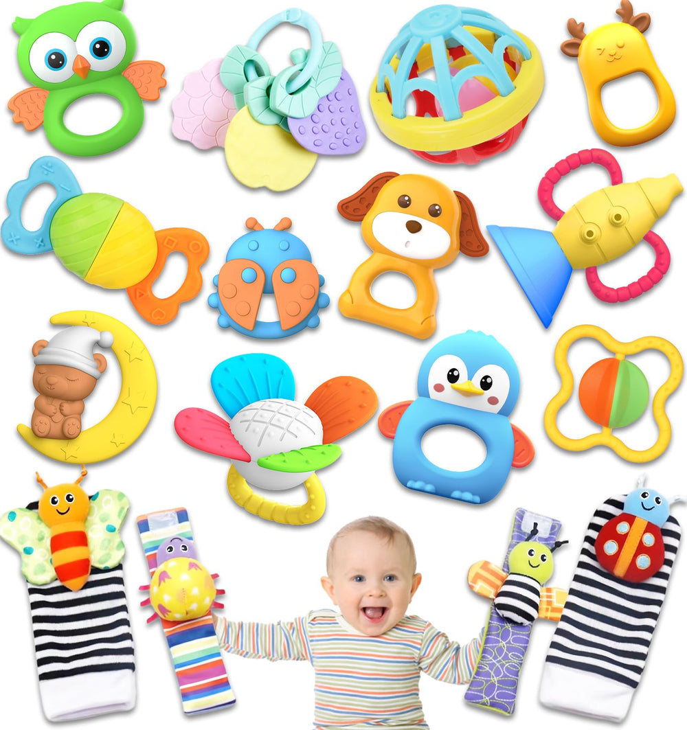 AZEN baby rattle multi-pack closeup shows safe, engaging toys for early play.