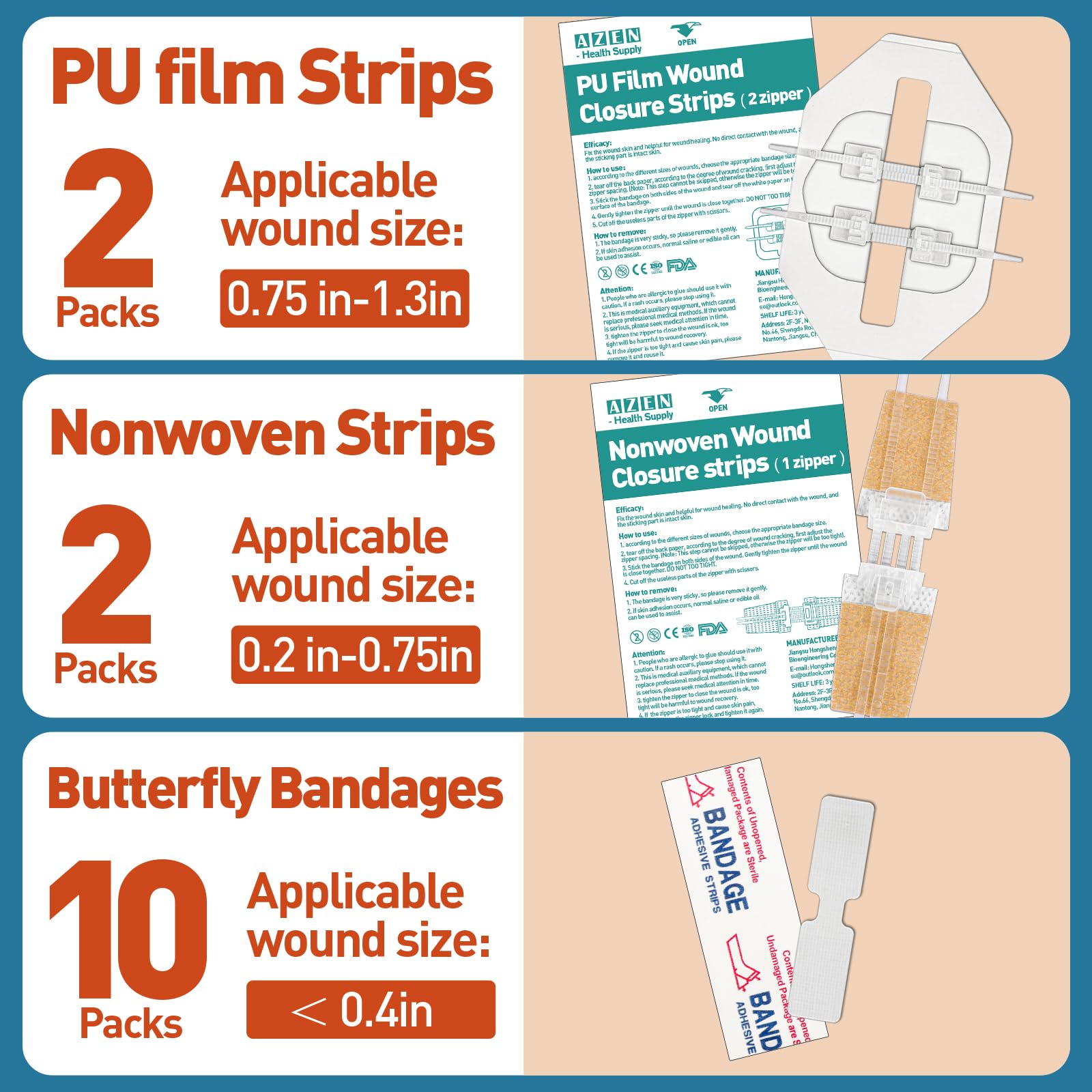 AZEN butterfly bandages close-up showing hypoallergenic adhesion.