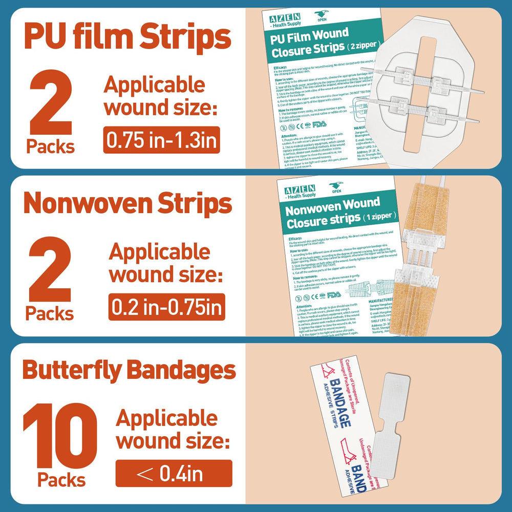 AZEN butterfly bandages close-up showing hypoallergenic adhesion.