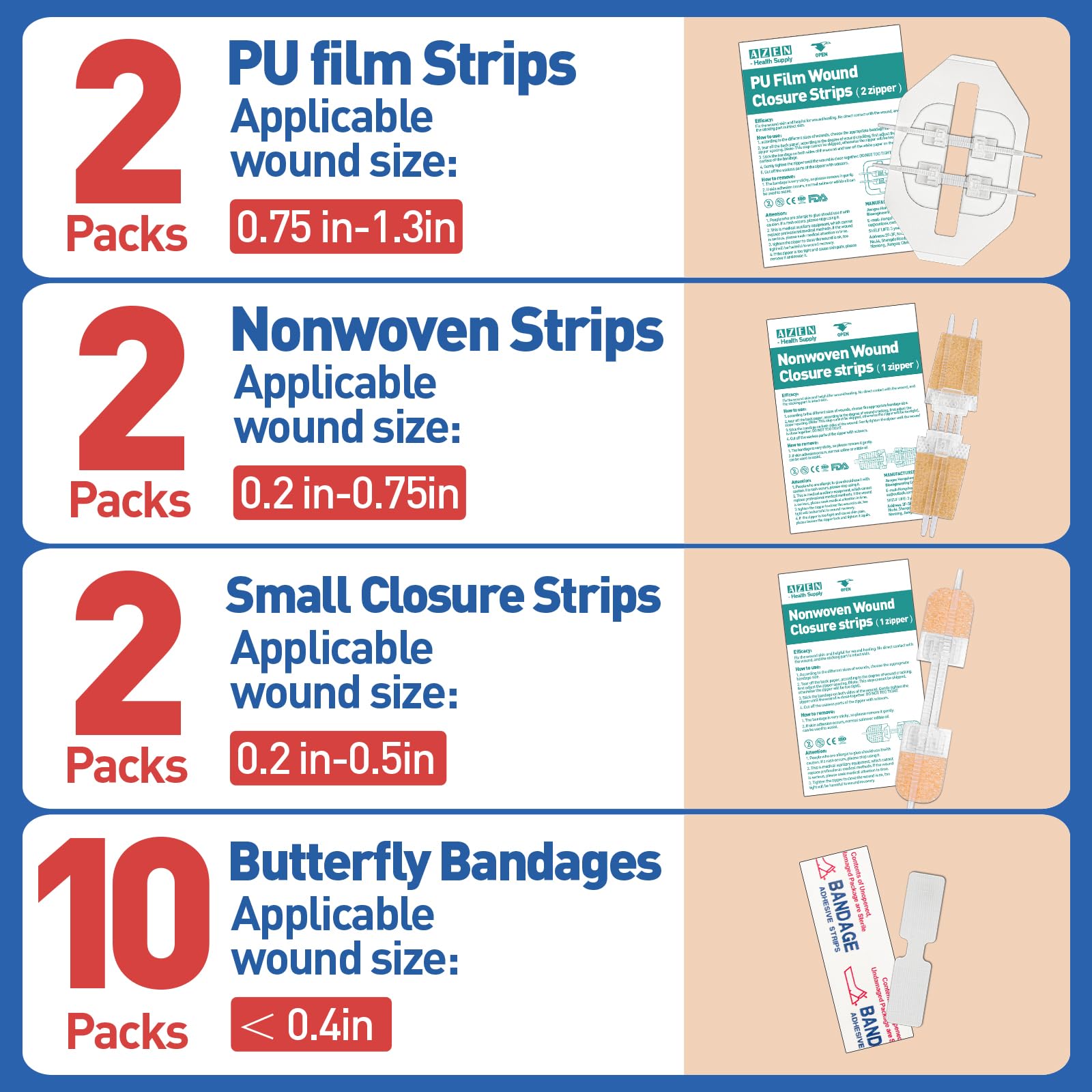 AZEN butterfly bandages collection ready for painless wound closure.