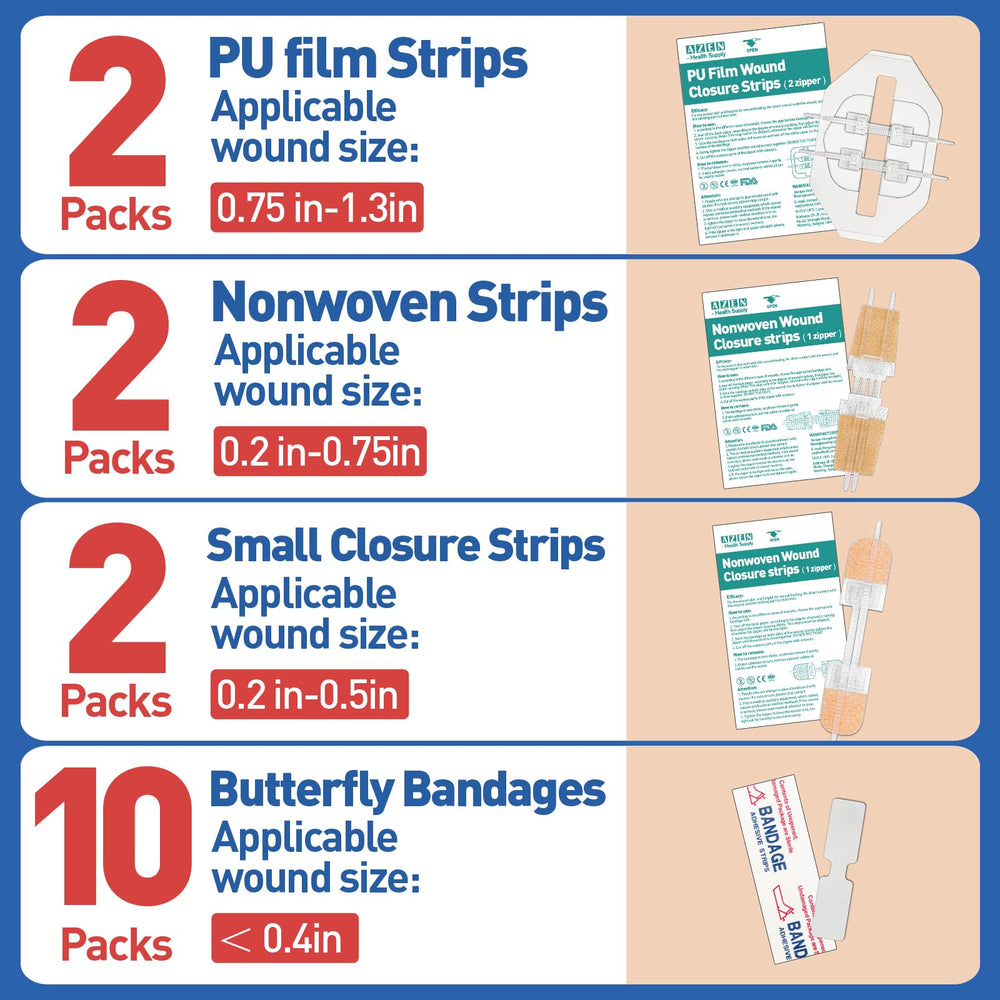 AZEN butterfly bandages collection ready for painless wound closure.