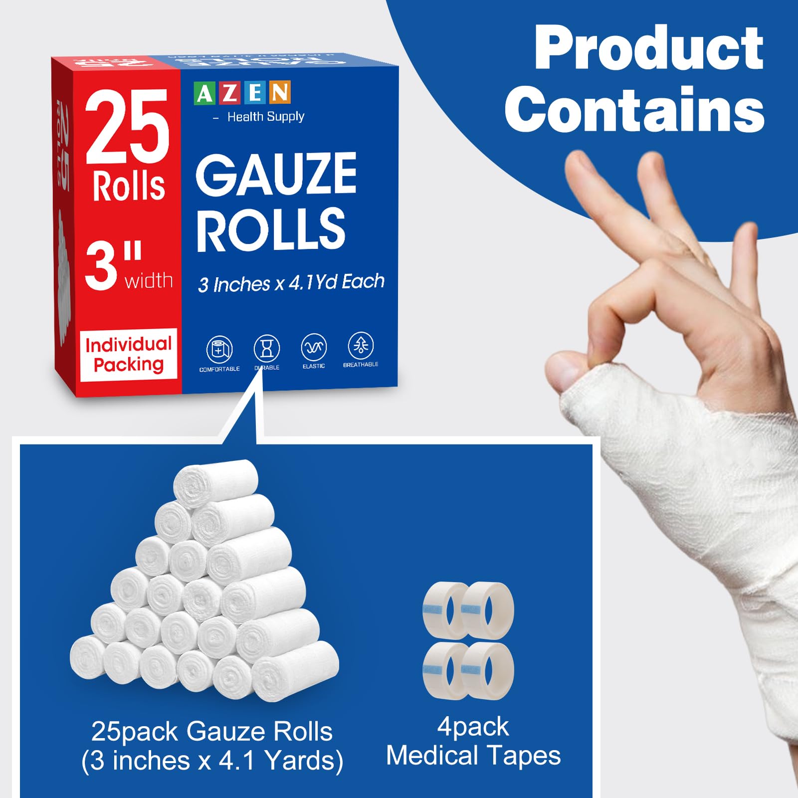 AZEN gauze roll with lint-free design for painless dressing changes