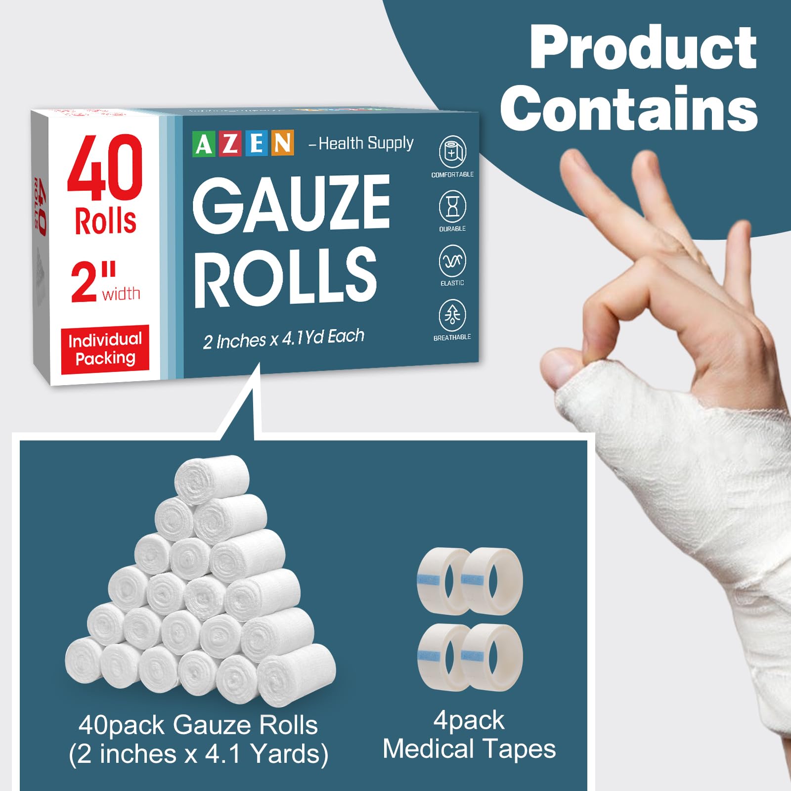 AZEN gauze rolls in individual packaging for organized first aid