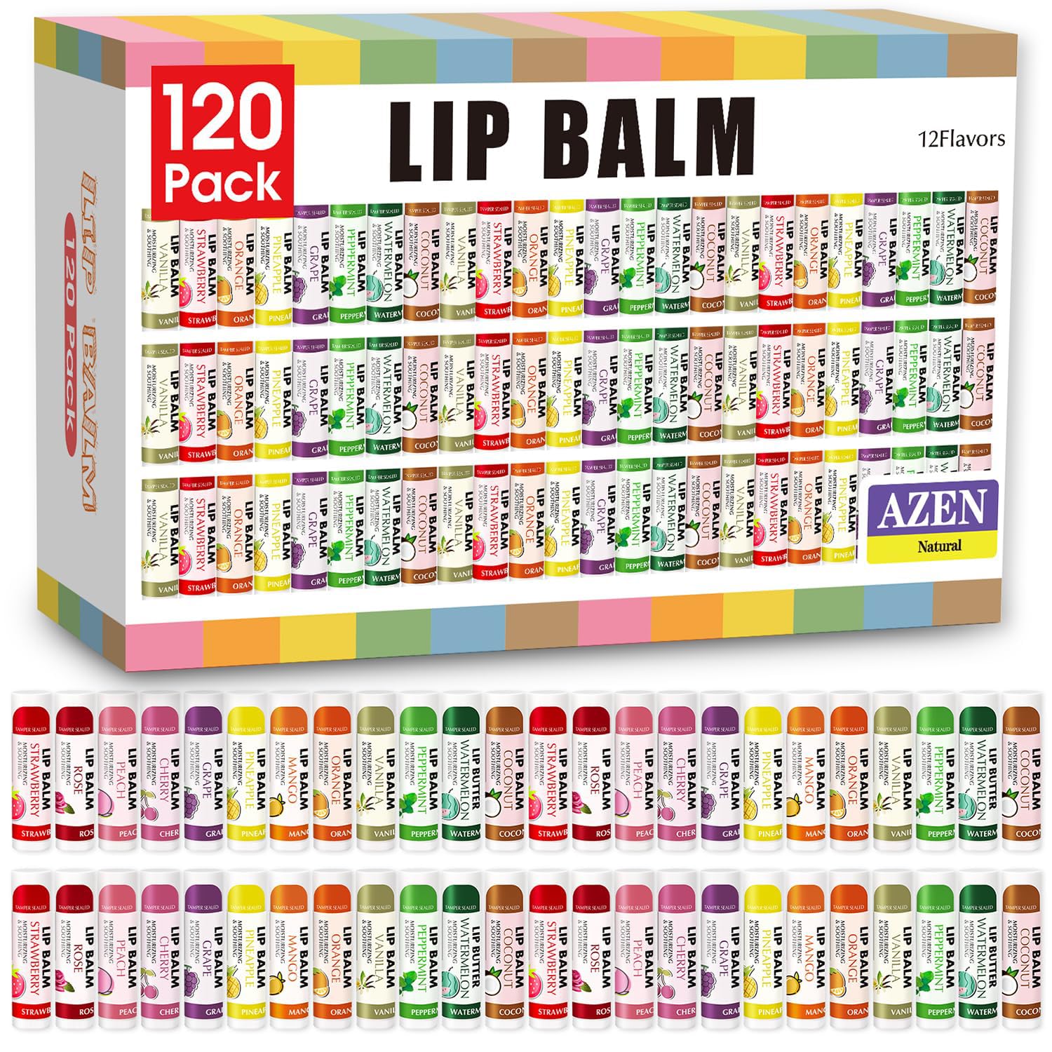 AZEN lip balm 12-flavor collection for daily lip care and variety.