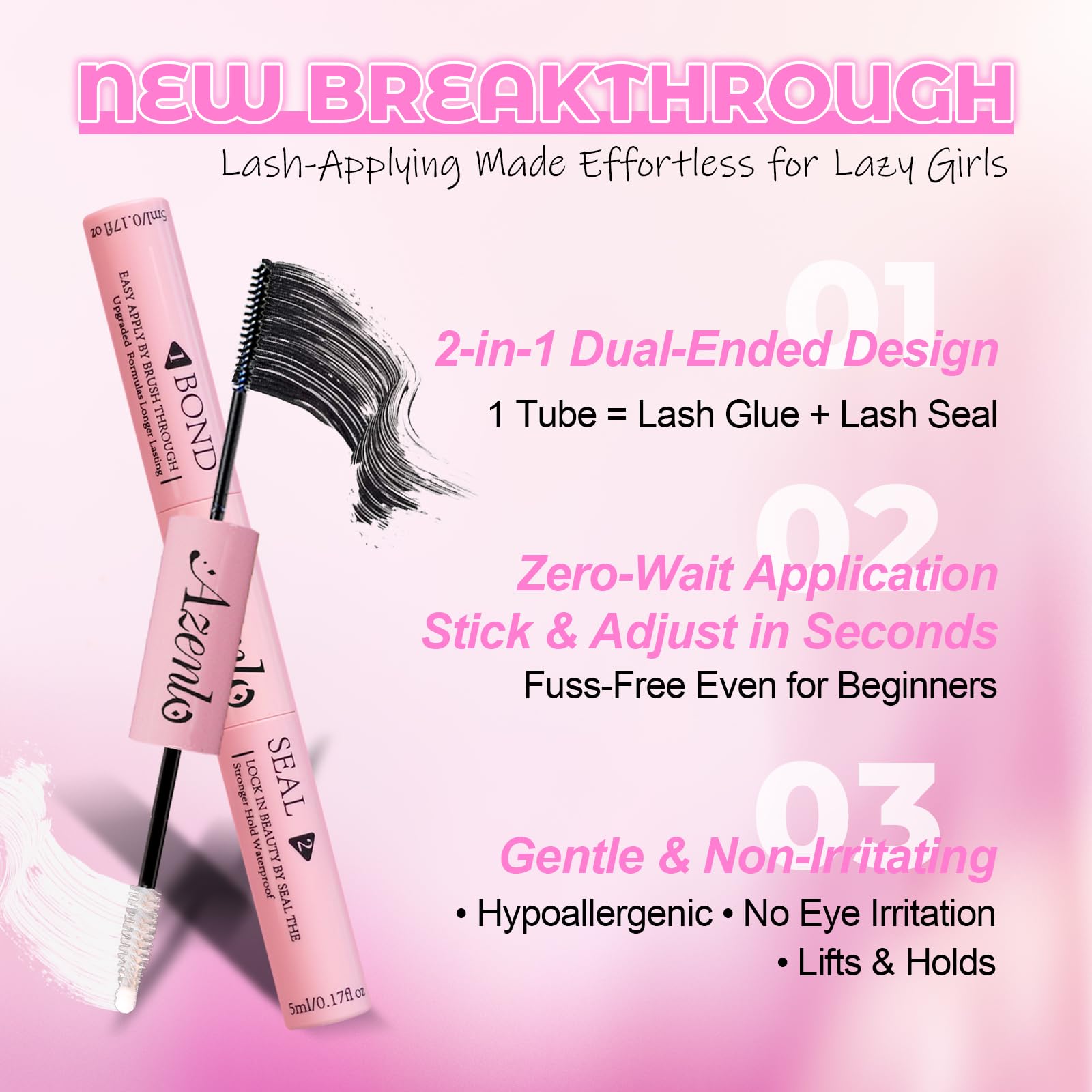 Azenlo dual-ended lash adhesive for fast, precise cluster lash application