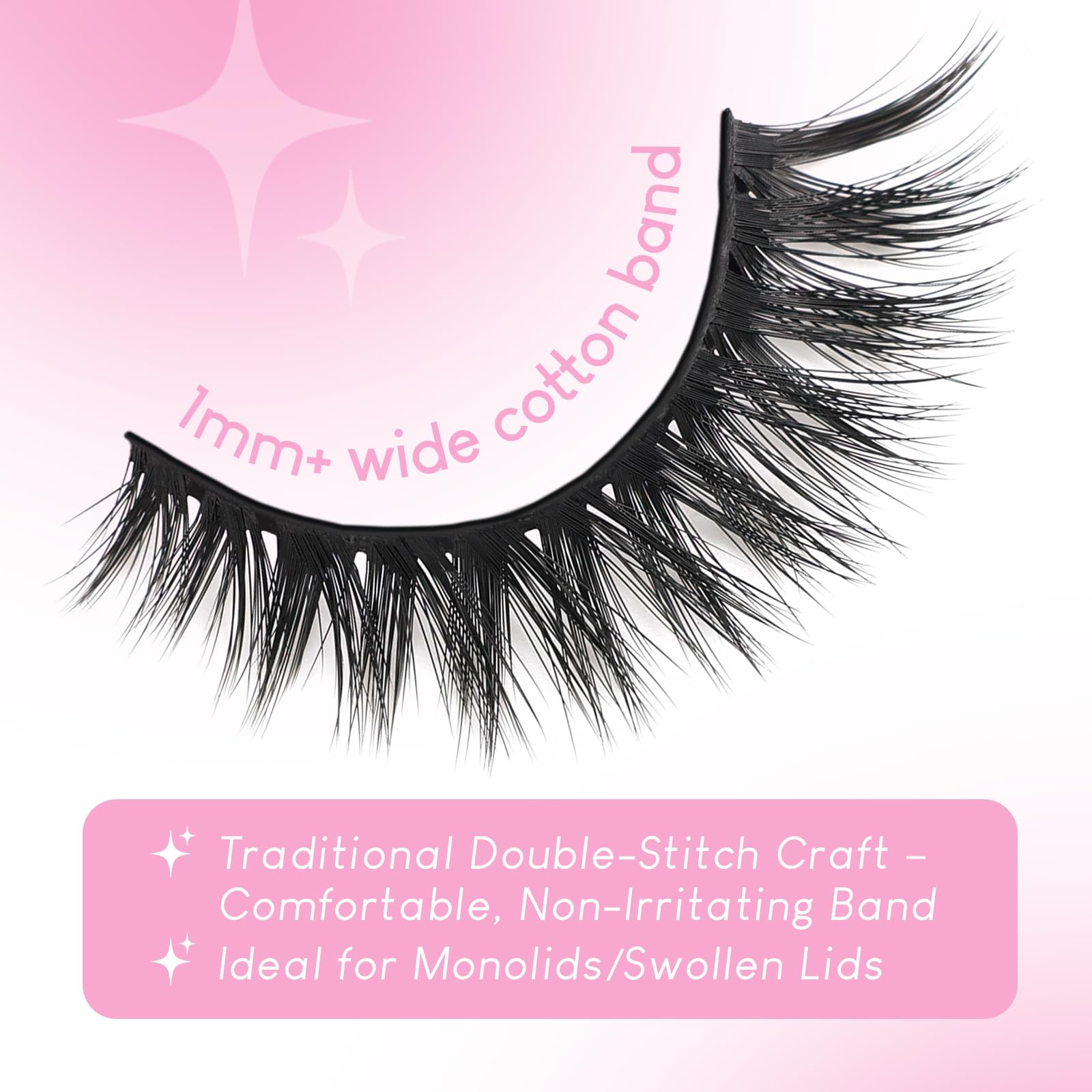 Azenlo faux mink strip lashes with non-cluster design and 1mm cotton band for comfort.