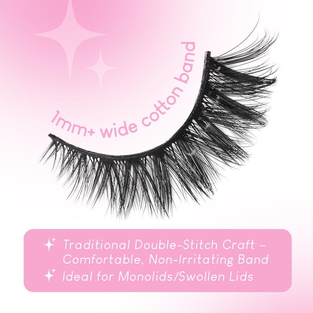 Azenlo plush faux mink strip lashes with a 1mm cotton band for easy wear.