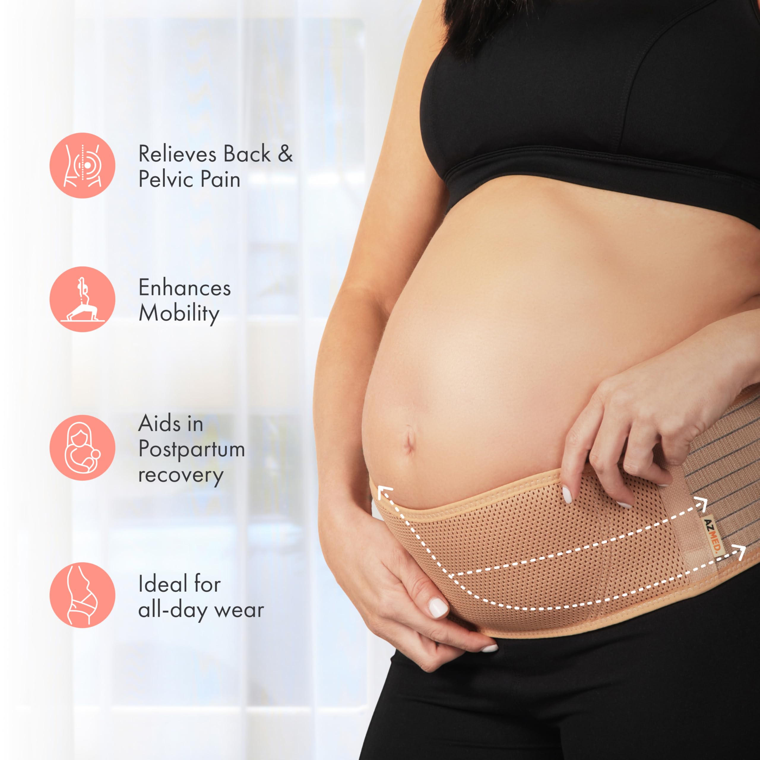 AZMED soft breathable belly band worn for all day comfort during pregnancy