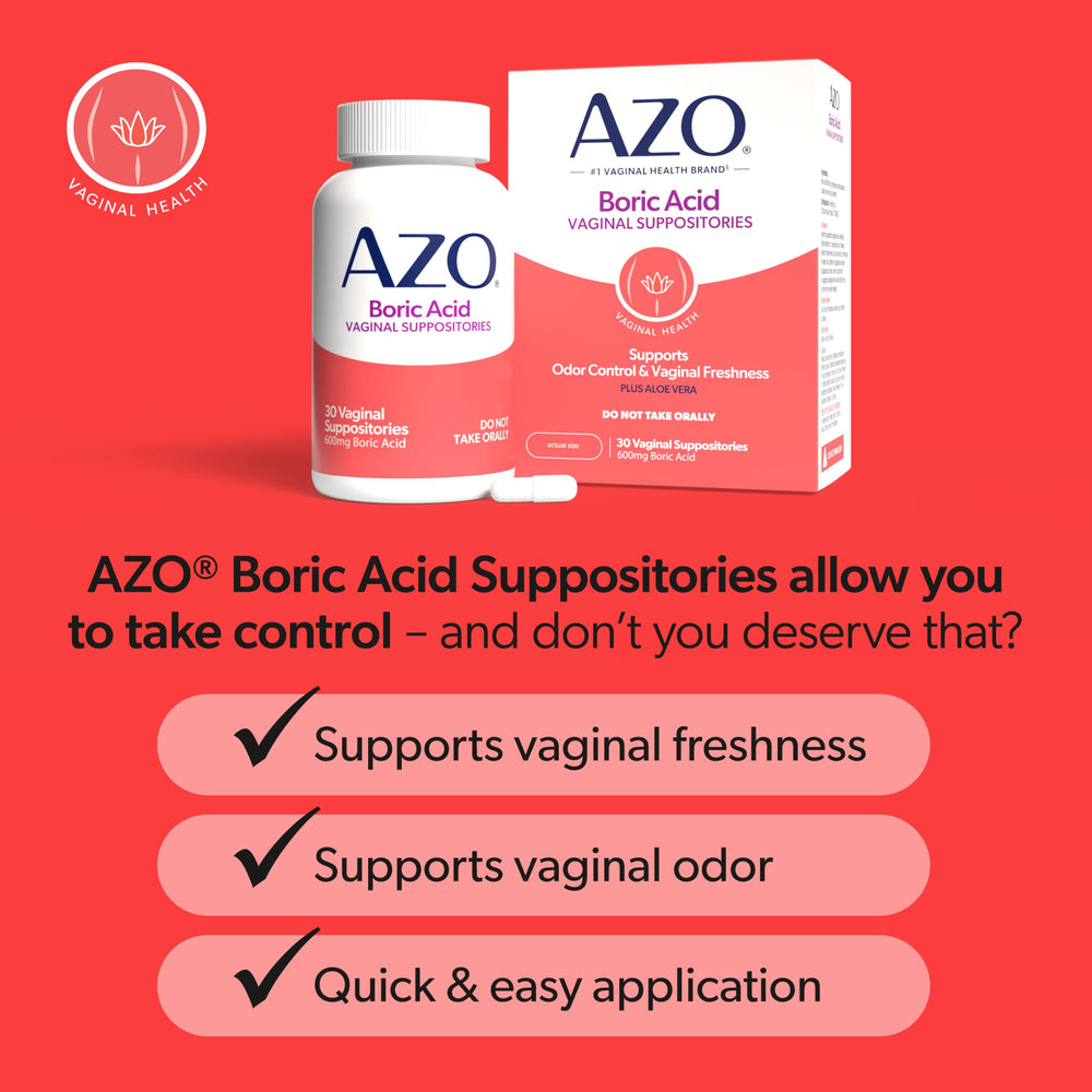 AZO Boric Acid 600 mg dose shown for intimate support.