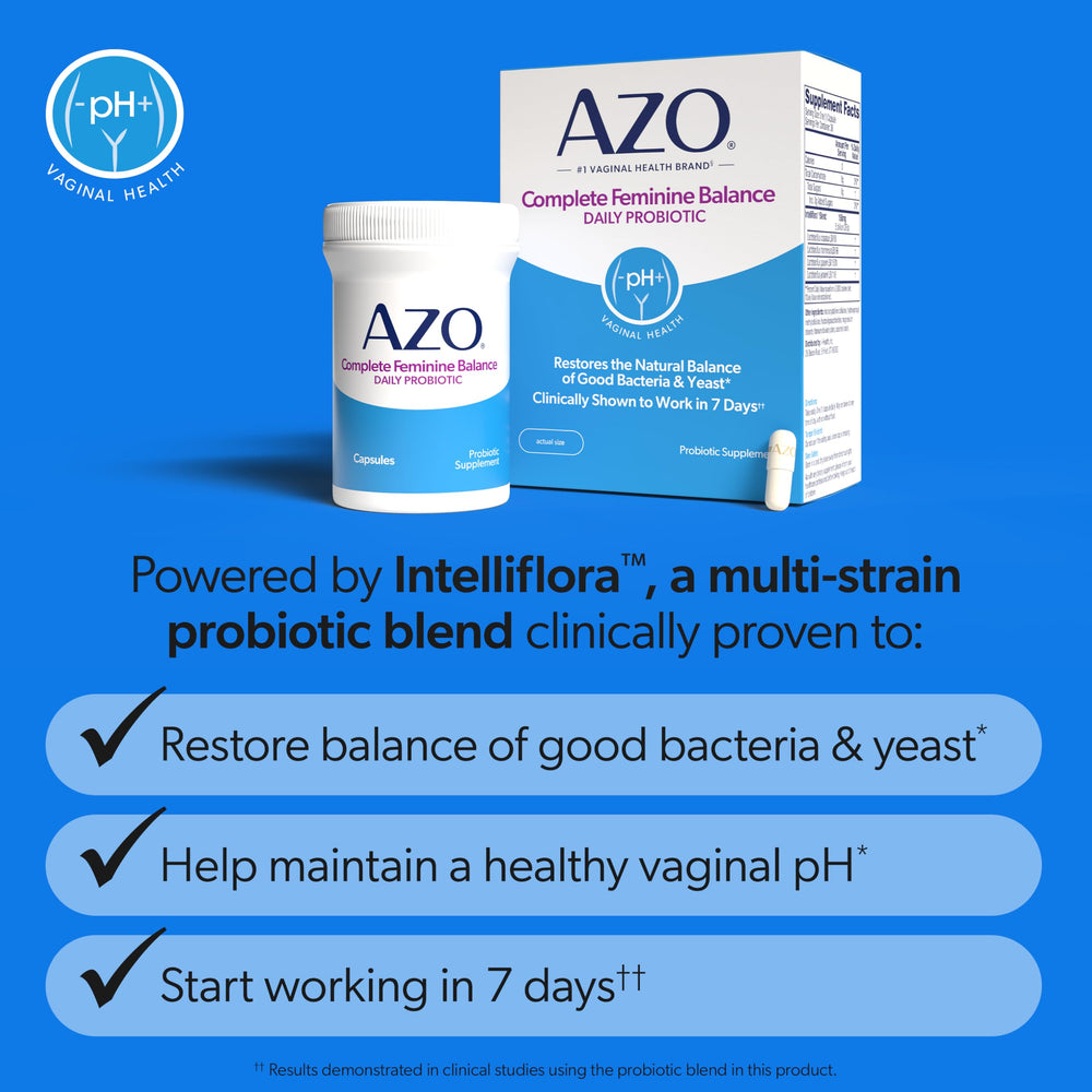 AZO Complete Feminine Balance bottle on a bedside table for daily use