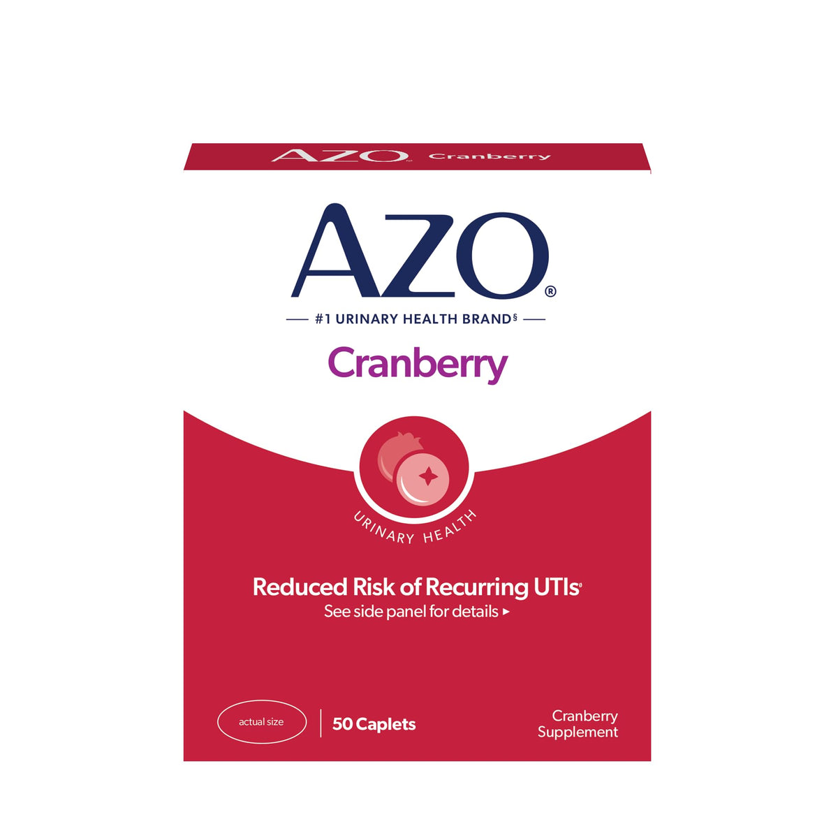 AZO Cranberry caplets bottle close-up supports daily urinary tract health.