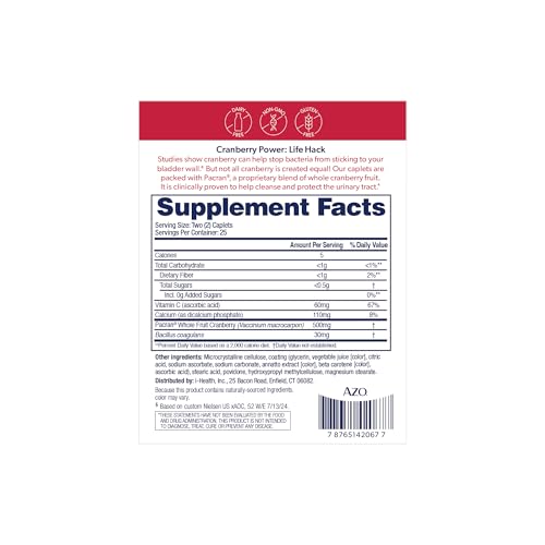 AZO Cranberry caplets bottle label highlights non-GMO and sugar-free formula.