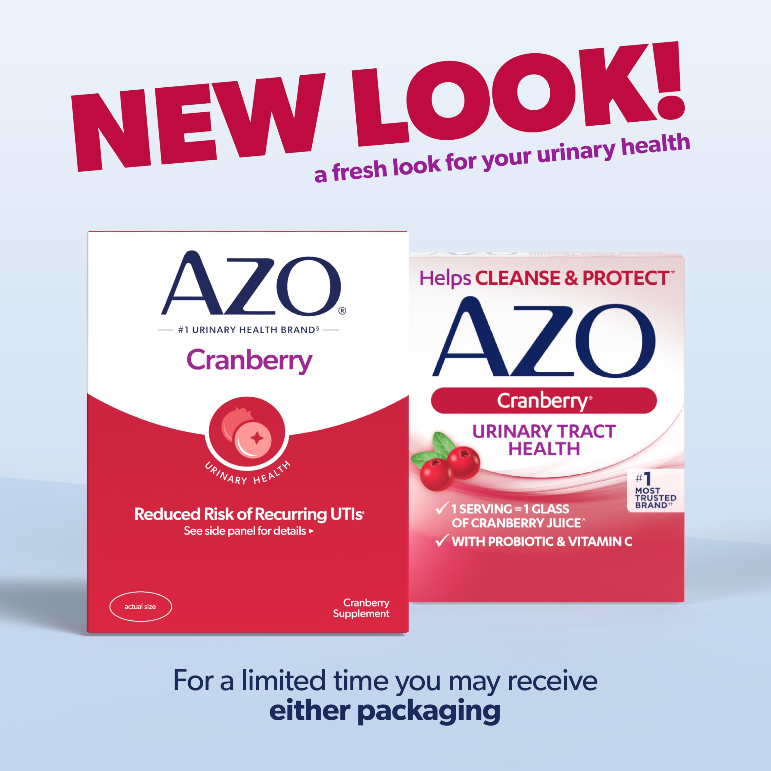 AZO Cranberry caplets serving size image emphasizes one caplet per day.