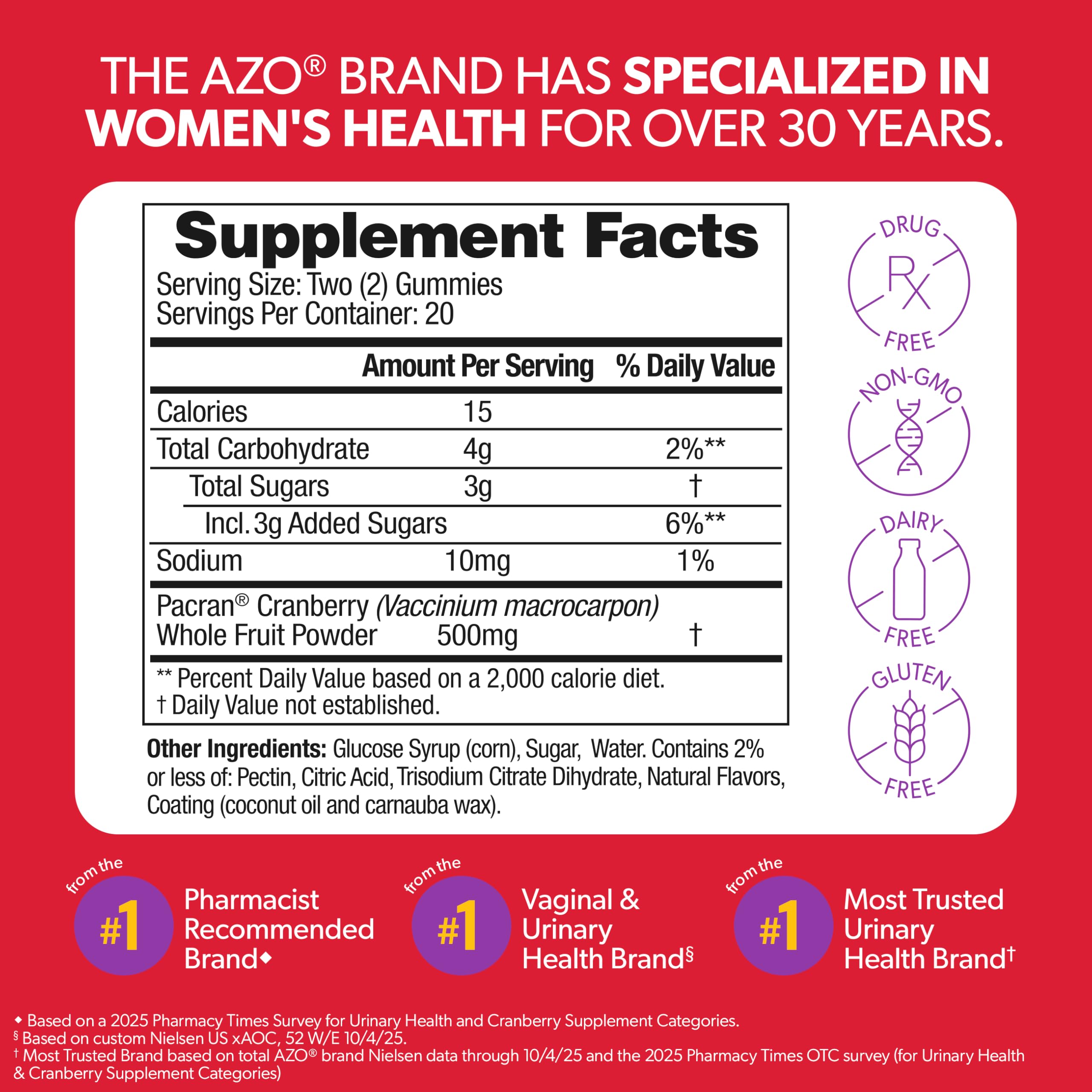 Closeup of AZO Cranberry Gummies texture highlighting berry flavor and easy chew.