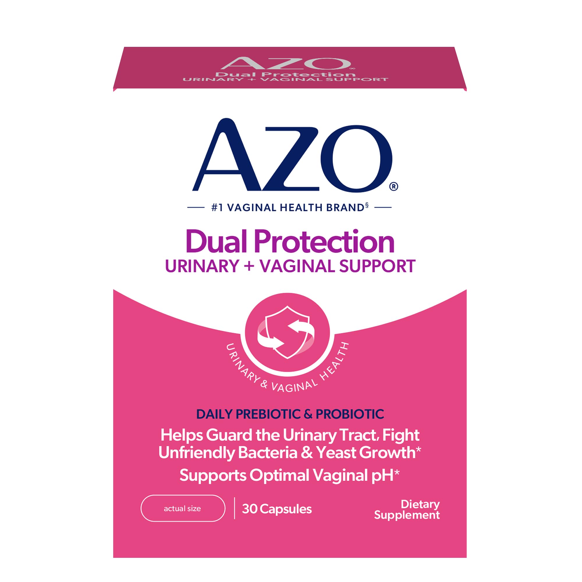 AZO Dual Protection bottle front with daily capsule for urinary and vaginal support.