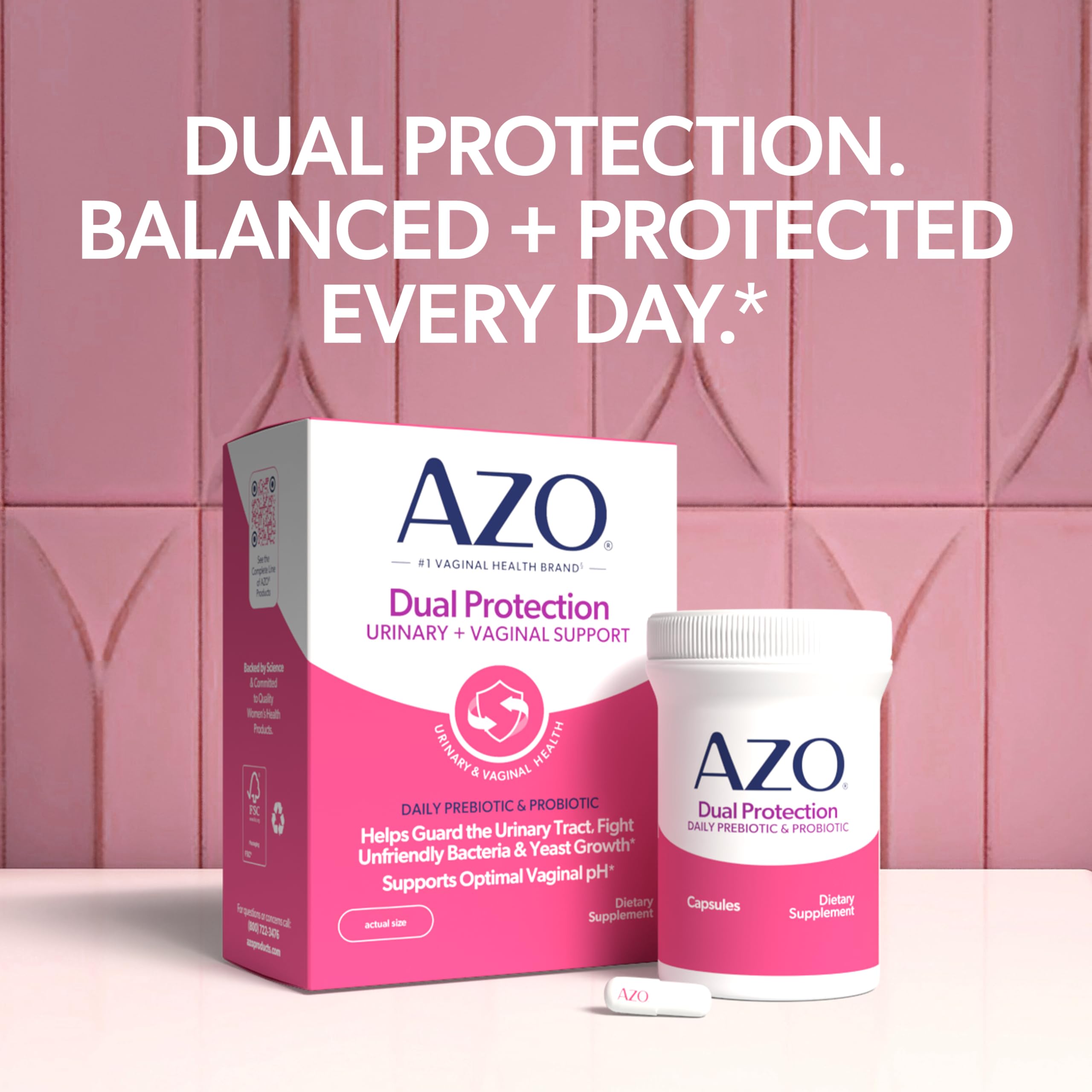 AZO Dual Protection gluten-free and non-GMO badge on packaging.