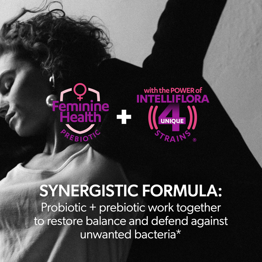AZO Dual Protection Intelliflora blend visual highlights probiotic support for feminine wellness.