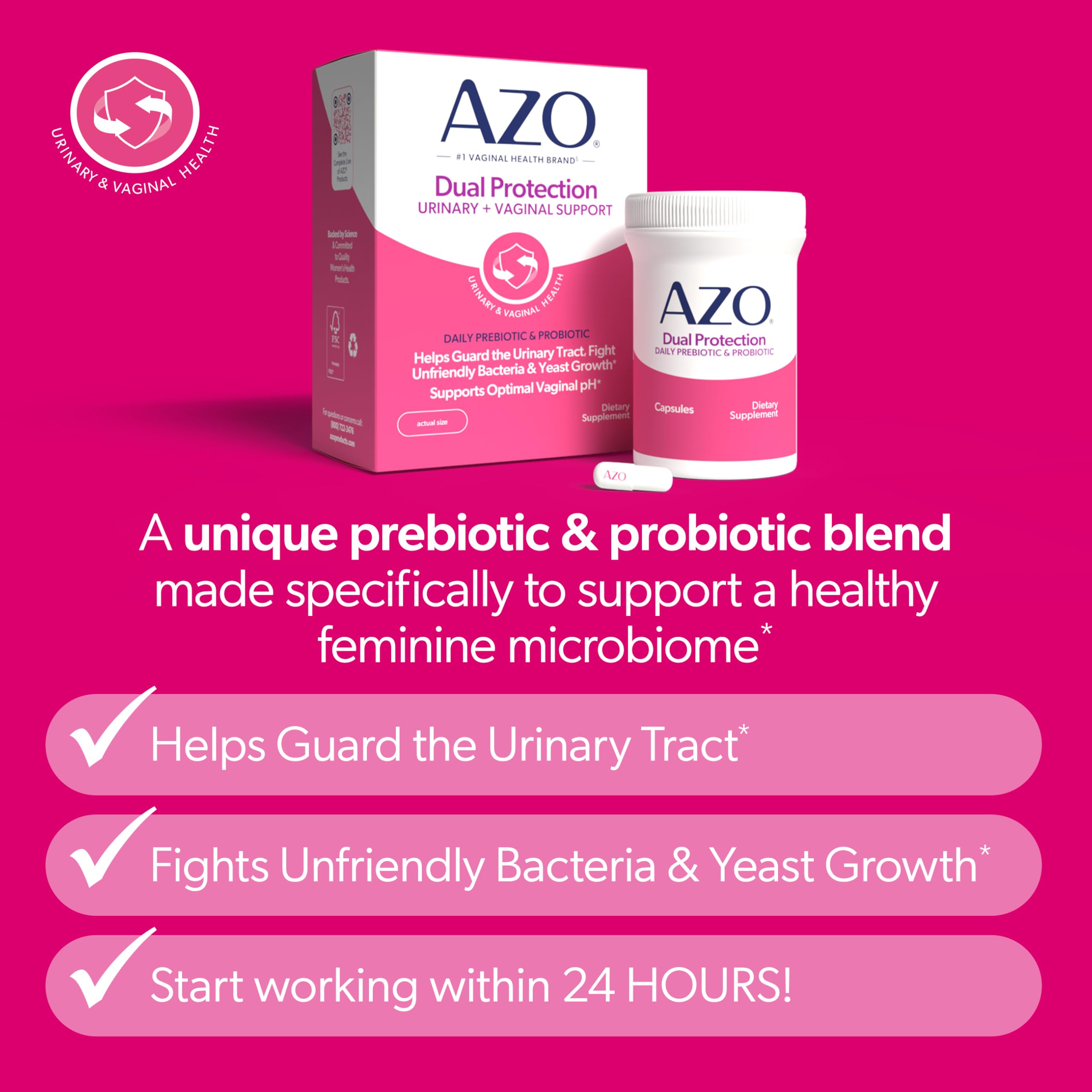 AZO Dual Protection label closeup shows Intelliflora and PreforPro for balanced vaginal health.