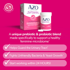 AZO Dual Protection label closeup shows Intelliflora and PreforPro for balanced vaginal health.